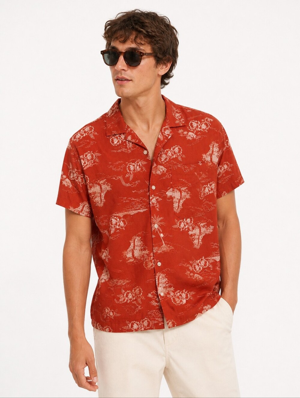 Madewell Easy Fit Hawaiian Shirt Red Tropical Print Button Front Size M